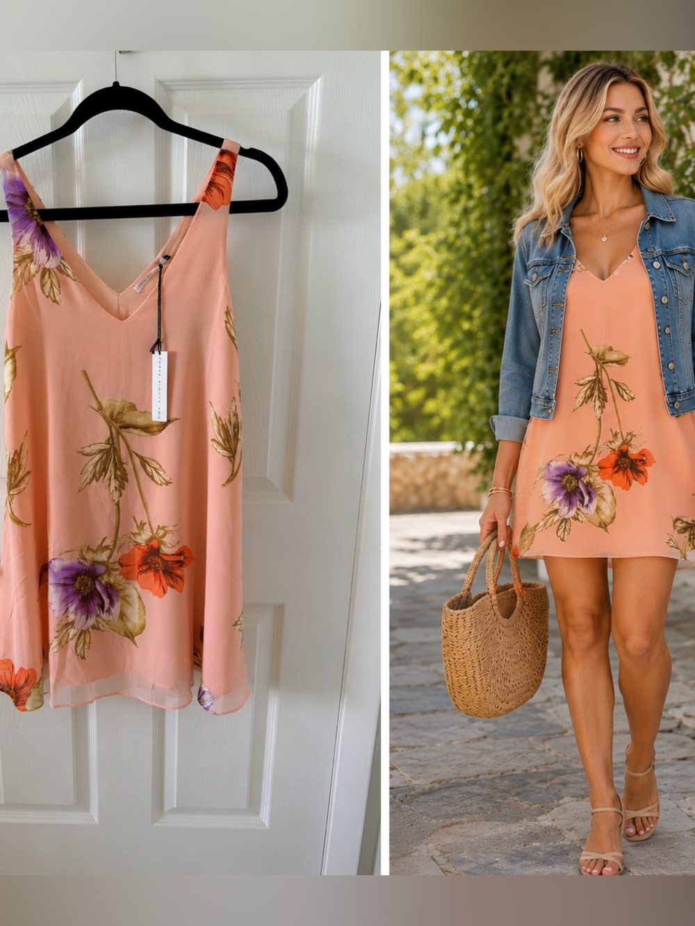 Sleeveless Peach Floral Mini Dress with V-Neck Size XS. NWT